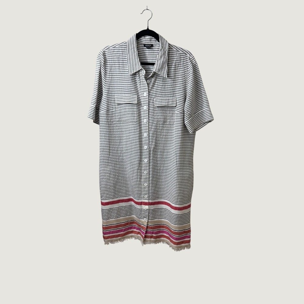 Worth New York Gray Striped Linen Blend Button Down Shirt Dress Fringe Resort L